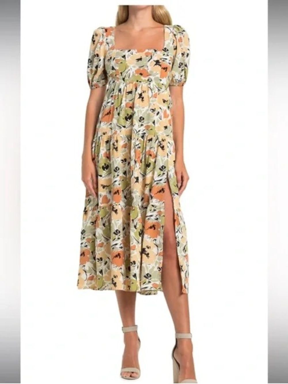 ASTR the label square neck floral midi dress NWT XS rust sage wedding guest
